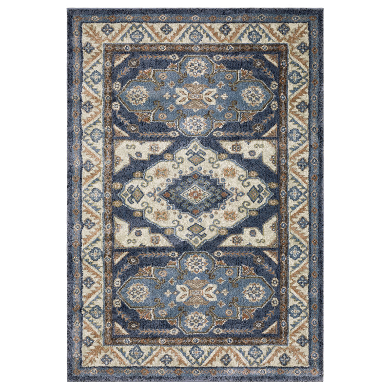 Genesis Triple Medallion Traditional Blue/Rust Area Rug, Rectangle 5'3" x 7'