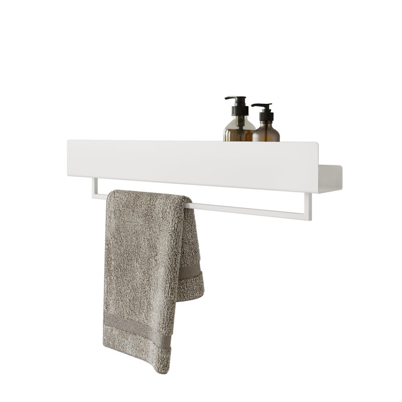 VASCA Metal Floating Shelf with Towel Bar, 8cm H x 40cm W x 4cm D, White