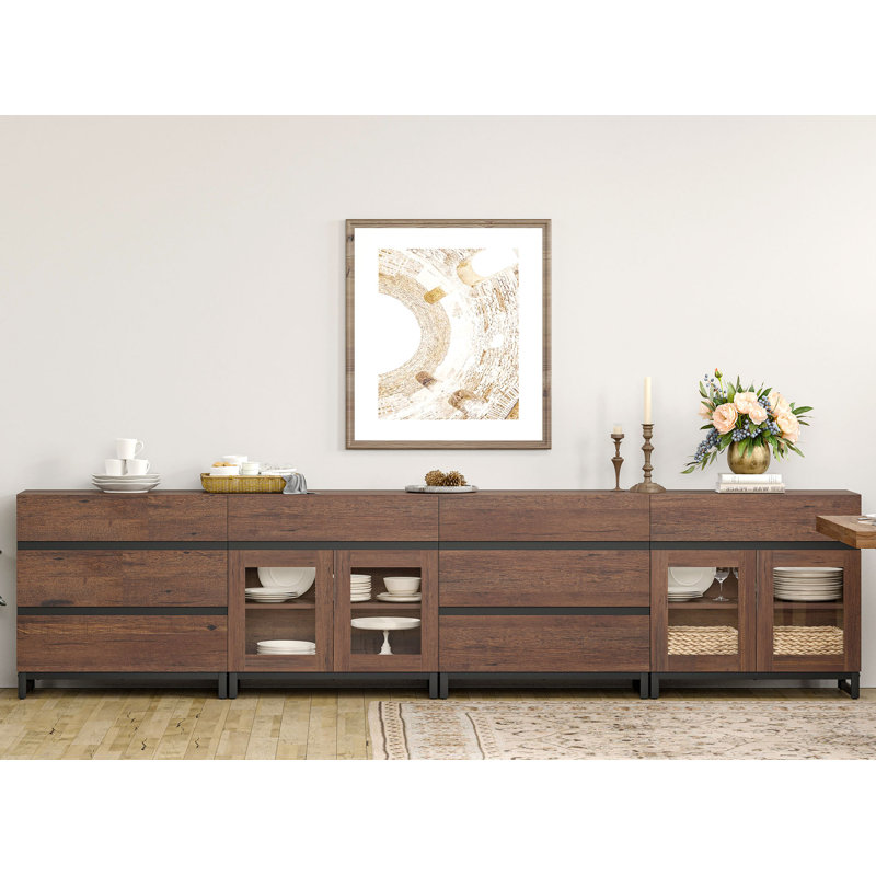 4 In 1 Multifunctional Sideboard Buffet Cabinets With Glass Doors And 8 Drawers, Modern Sideboard Credenza With Adjustable Shelf And Metal Base, Coffee Bar Cabinet Storage Cabinet For Kitchen