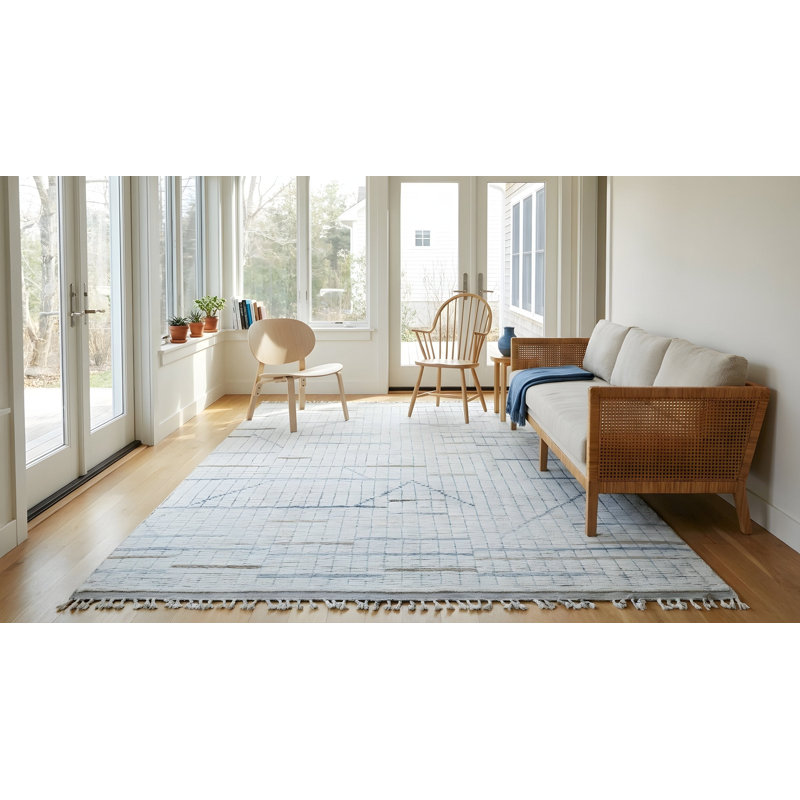 8x11 Ivory Hand-Knotted Wool Staircase Motif Geometric Modern Contemporary Carpet Rug