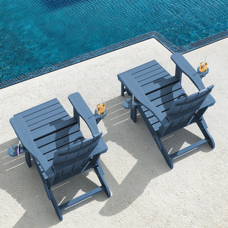 Chaise de patio en PEHD pliable avec repose-pieds d'extérieur résistant aux intempéries avec 2 porte-gobelets, Marine
