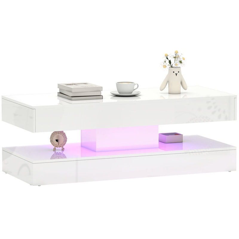 LED Coffee Table, High Gloss Living Room Table with 2 Drawers, White, 16.5" H x 47.2" W x 19.7" D