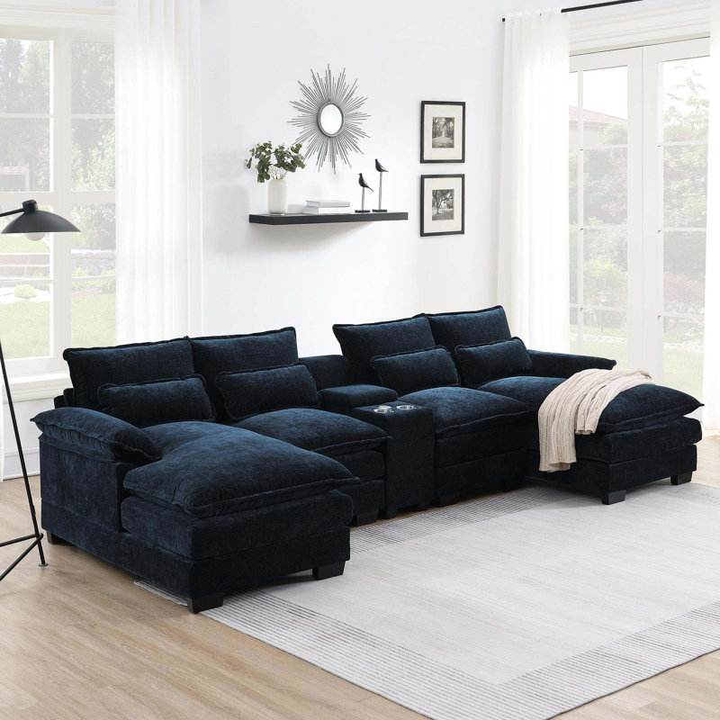 123*55"Modern U-shaped Sectional Sofa with Console,Cup Holders and USB Charger,6 Seat Upholstered Symmetrical Indoor Furniture,Comfy Chenille Cloud Couch with Chaise for Living Room,Apartment