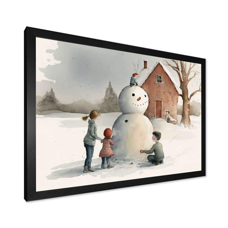 Enfants jouant dans la neige - reproduction sur toile, L 32 po x H 24 po, Impression noire sur toile encadrée