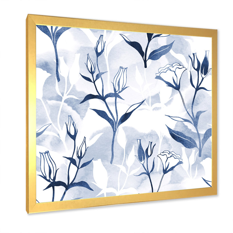 Fleurs bleues bleues sur fond blanc, reproduction d'art sur toile, H 36 po x l 36 po x P 1 po, Cadre photo doré