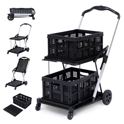 32 in. Long, 9.5 in. Deep Folding Shopping Cart with Wheels, Aluminum Frame Grocery Cart with 2 Storage Crates for Groceries, Kitchen, Pantry, Laundry and Garage, Modern Style, Black