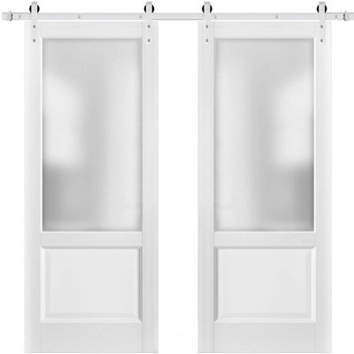 Sliding Double Barn Doors With Hardware | Lucia 22 White Silk With Frosted Opaque Glass | 13FT Rail Sturdy Set | Kitchen Lite Wooden Solid Panel Interior Bedroom Bathroom Doors-Silver Rail-Frosted Glass