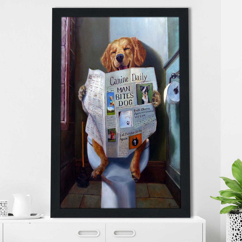 «Dog Gone Funny» par Lucia Heffernan - Peinture, H 49,5 po x l 33,5 po x P 1 po, Cadre espresso
