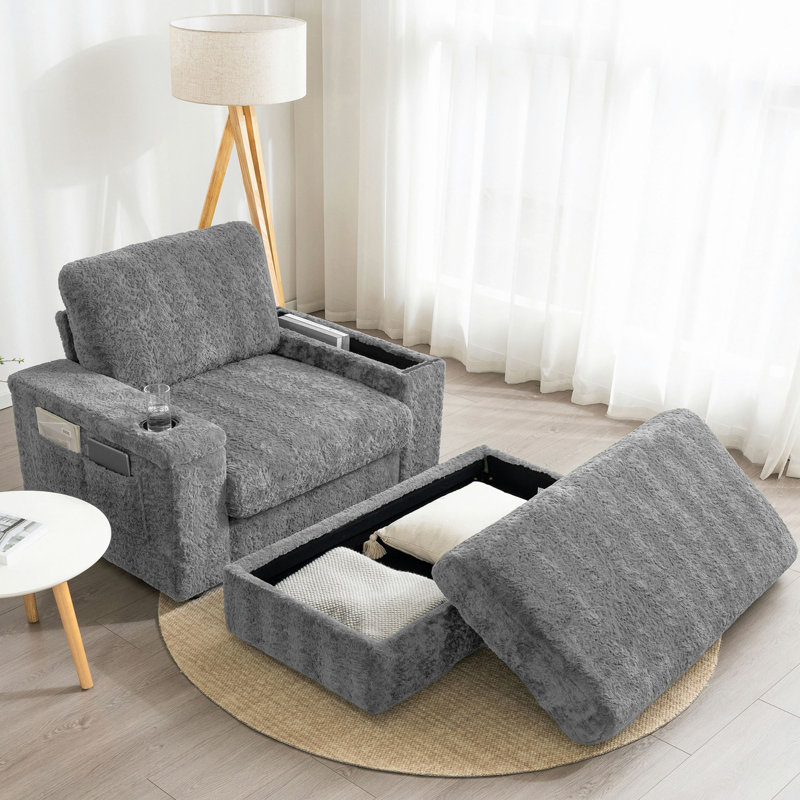 Canapé simple surdimensionné de 42 po, fauteuil en fausse fourrure de lapin avec porte-gobelets, méridienne rembourrée avec repose-pieds avec rangement et accoudoirs, canapé-lit avec siège profond pour le salon, appartement