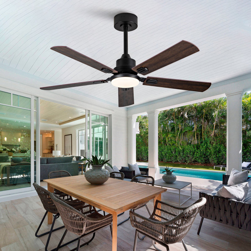 Ventilateur de plafond intelligent d'intérieur / extérieur de 52 po avec lumière, 6 pales noir / noyer à double finition, télécommande et contrôle de l'application, DEL à intensité variable, moteur à courant continu silencieux à 6 vitesses, réversible