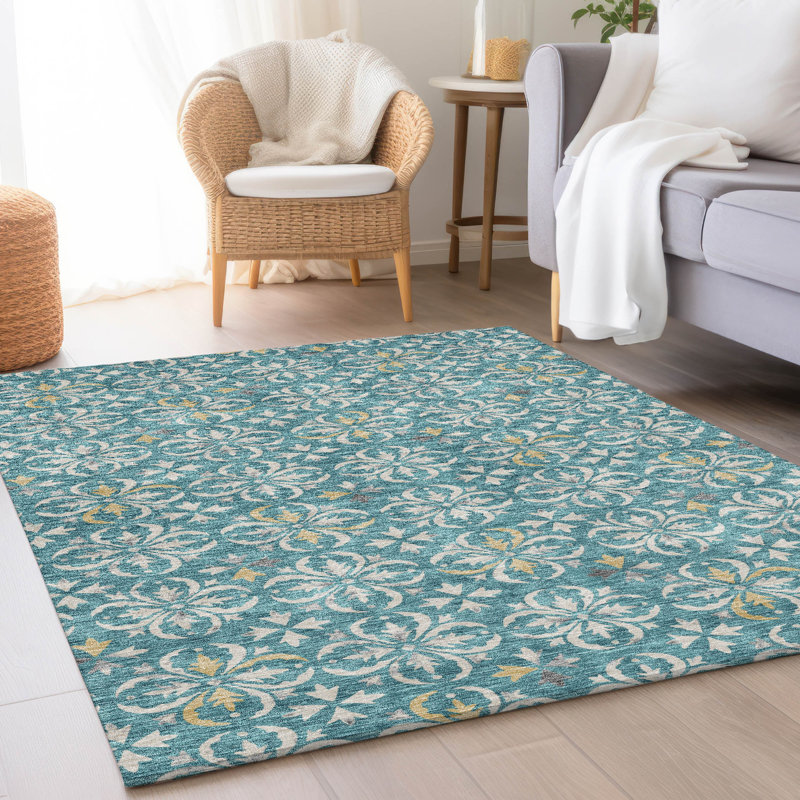 Premium Machine Washable Prisco Teal Rug, Rectangle 3' x 5'