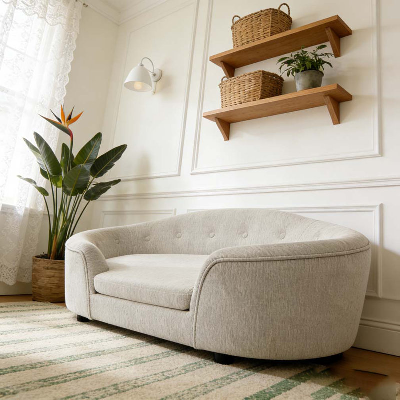 OVERSIZED Size Oval Semi-Enclosed Dog Sofa - Durable Linen Material, Beige