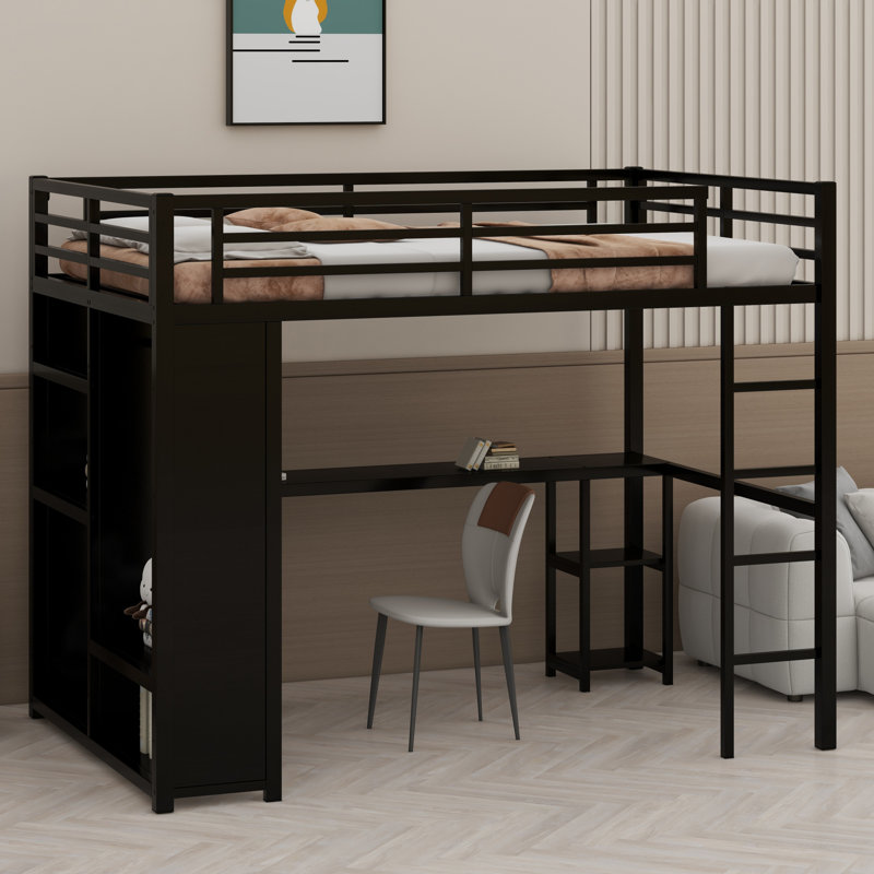 Metal Loft Bed Frame With Built-In Wardrobe, Desk And Storage Shelves, Black, Full
