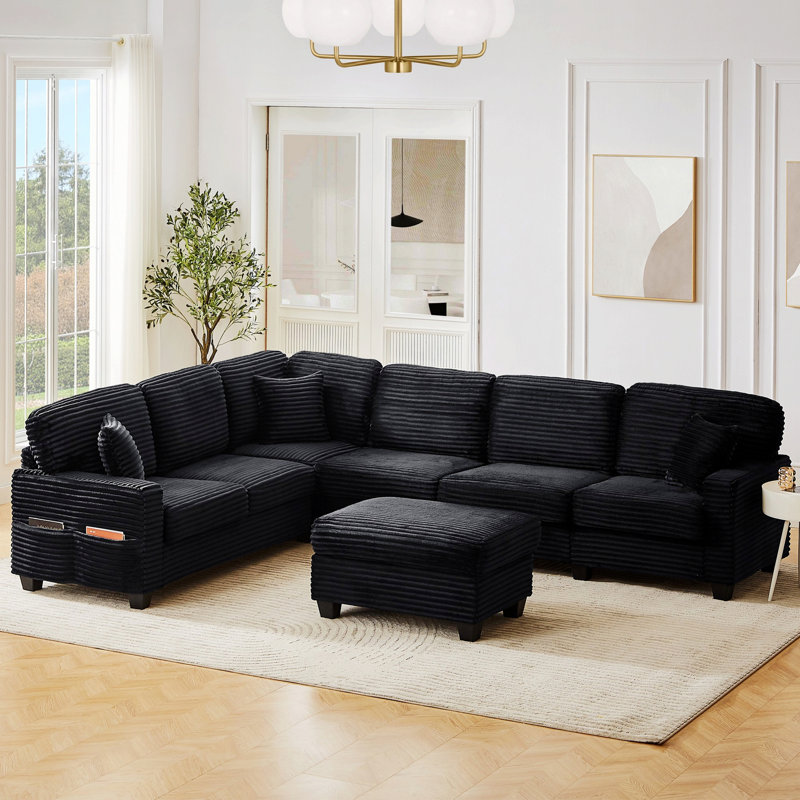 Canapé modulaire, canapé rembourré avec repose-pieds mobile et poches de rangement latérales pour le salon, Noir