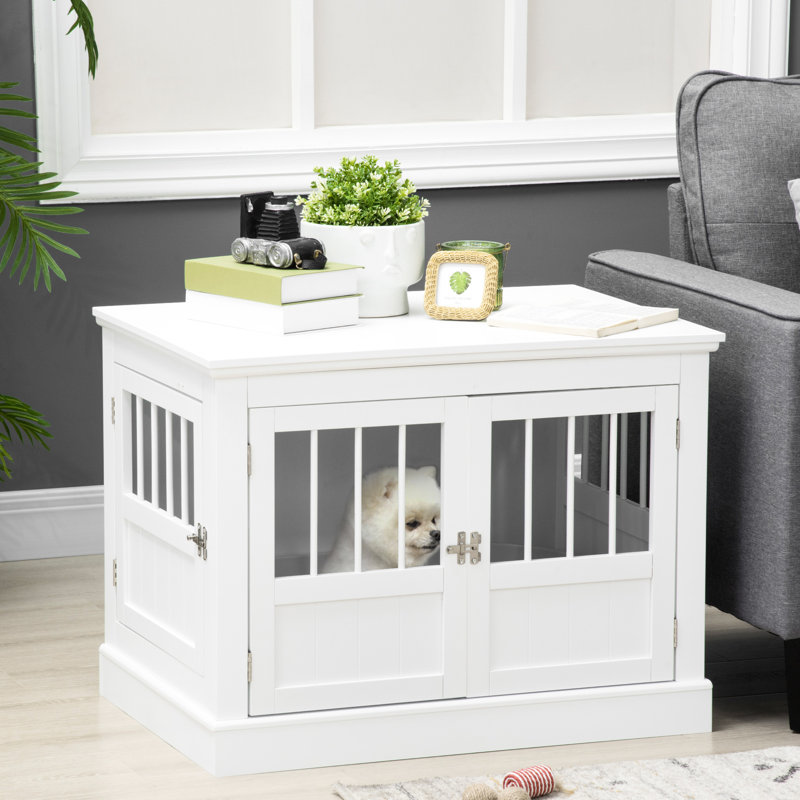 Table de bout Dog Kennel en blanc. Pour les petits chiens, avec comptoir spacieux, portes triples, pièce de fixation magnétique, cage en acier comme table, surface livrée, connecteur, tubes