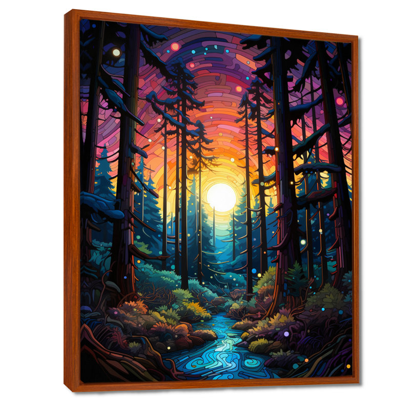Glorieux, coucher de soleil, forêt bleue, rivière, arbre, séquoia, art mural, salon, Cadre flottant brun, bois massif