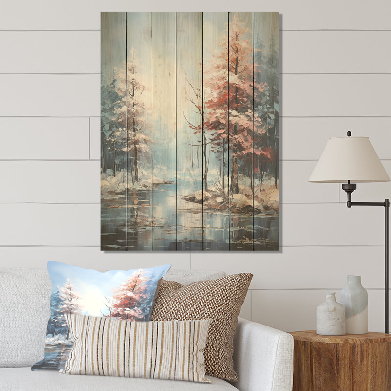 Lac en forêt d'hiver - Forêt sur bois, H 44 po x l 34 po