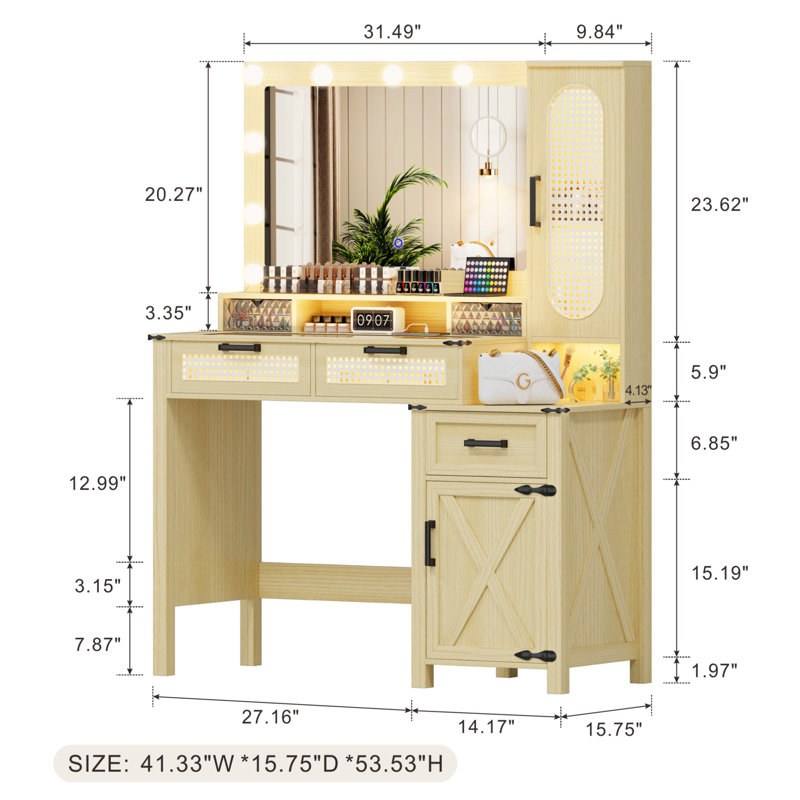 Camaya Makeup Vanity With LED Light and Charging Station, Natural Wood