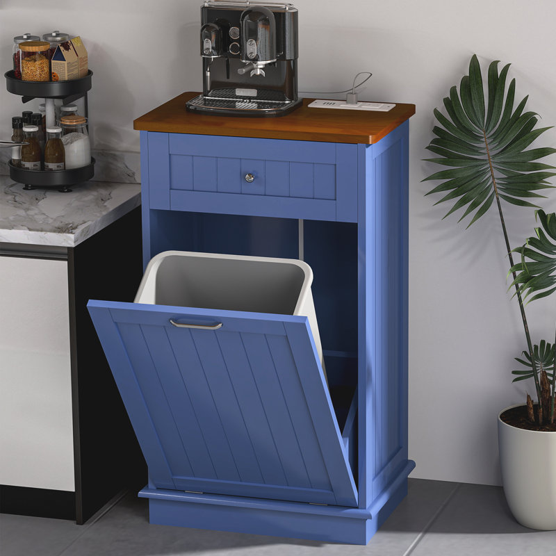 Armoire à ordures à double inclinaison avec prise de courant, Bleu / noyer