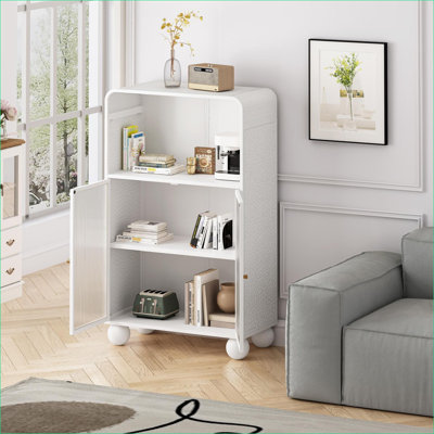 Armoires, armoire de rangement moderne blanc cassé H 45,28 po avec porte en verre et tablettes, autoportante pour salle de bain | Verre et métal | Salle de bain