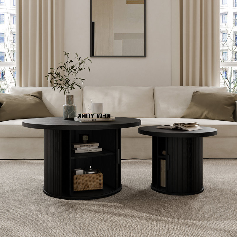 35.4" W Round Coffee Table with Storage, Mid Century Modern Table for Living Room, 19.7" H x 35.4" L x 35.4" W, Black
