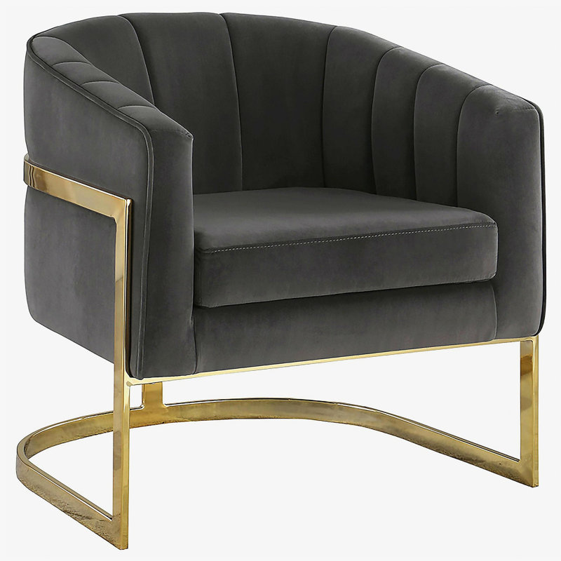 Fauteuil demi-tonneau capitonné gris foncé et doré