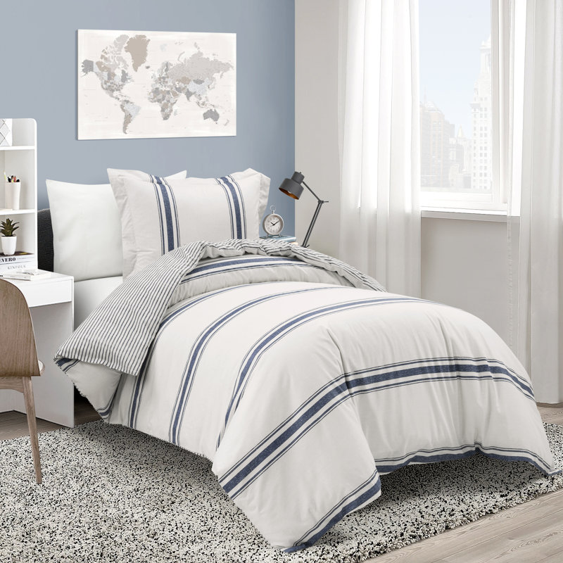 Standard Cotton 460 TC Reversible 3 Piece Duvet Cover Set, Twin XL Duvet Cover + 2 Standard Shams, Navy