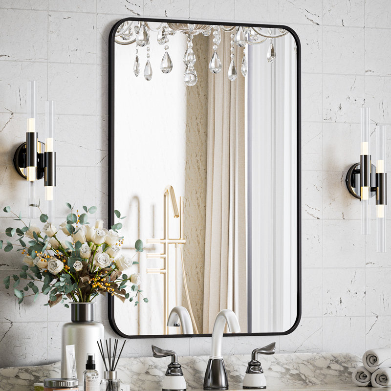 Jyun Safely Rounded Rectangle Metal Bathroom Mirror, 23" x 35", Matte Black