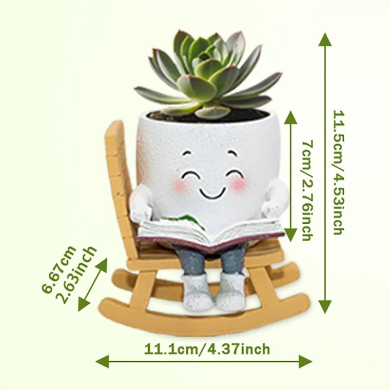 Reading themed Planter with Drainage Holes: Durable Resin, Rocking Chair Design