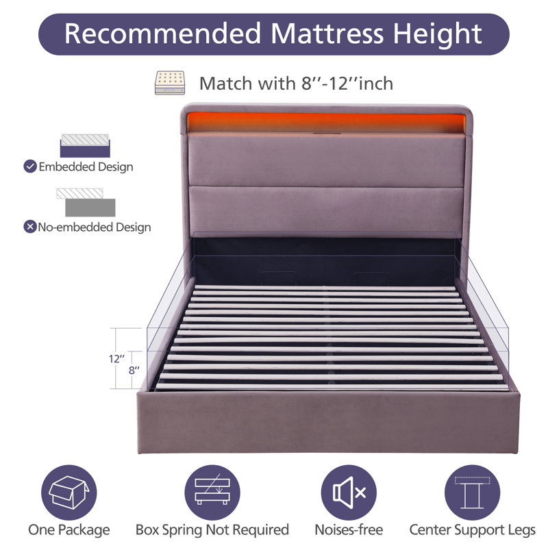 Lit plateforme tapissier avec rangement Braya, Double, Mauve pâle 