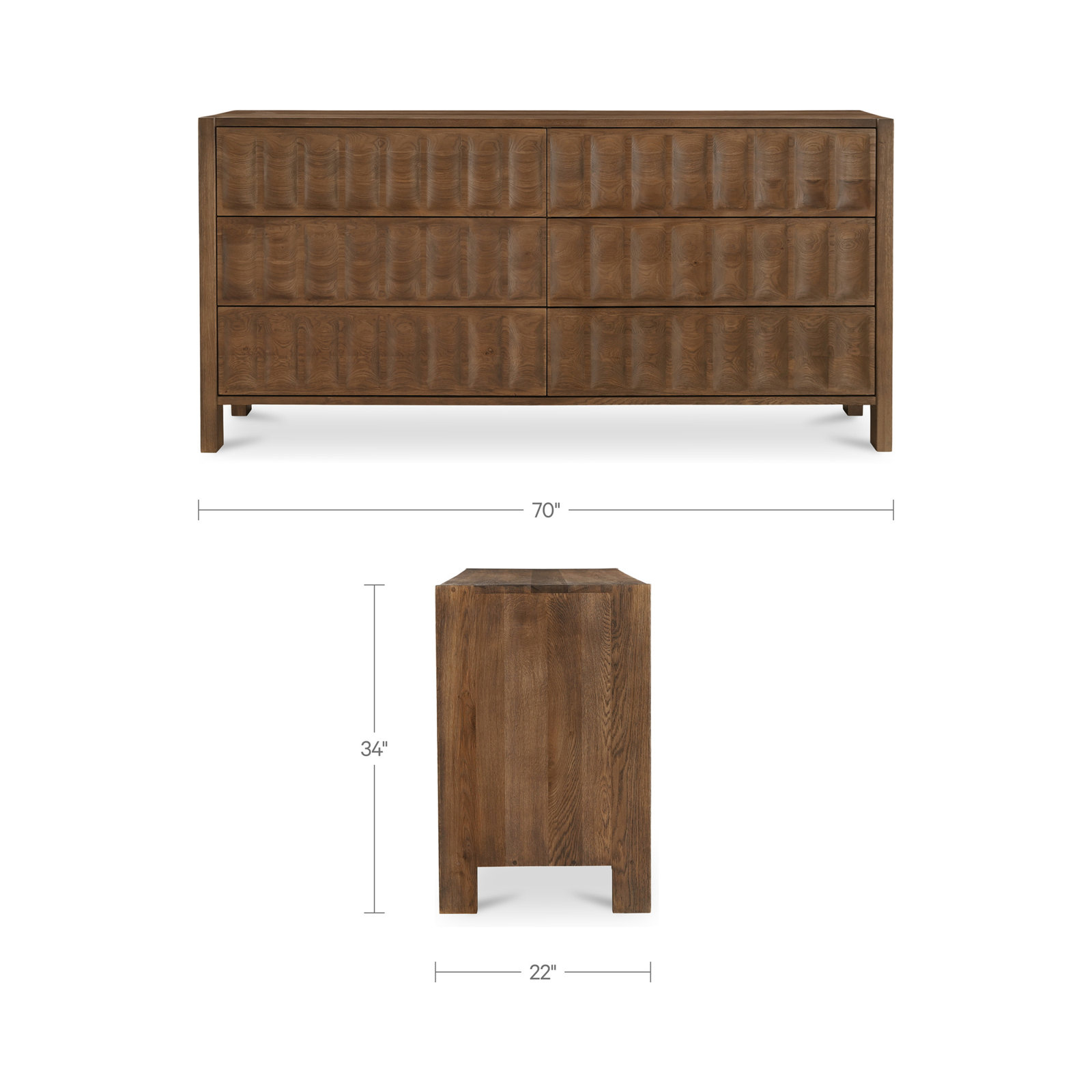 70" Oak 6-Drawer Dresser, Brown