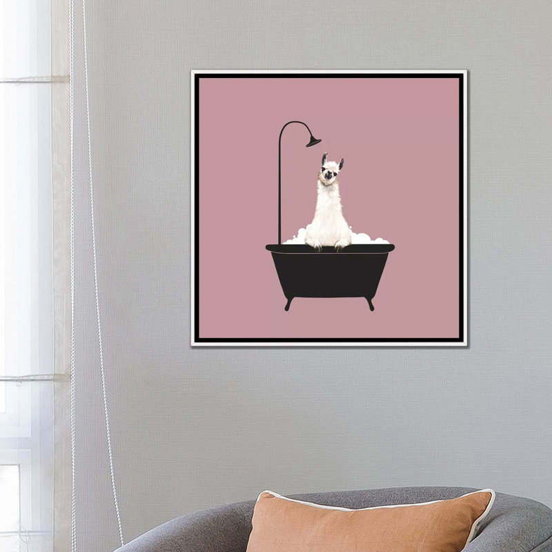 Lama dans une baignoire, H 26 po x l 26 po x P 1,5 po, Toile blanche encadrée