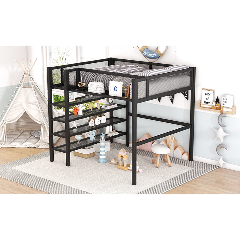 Lit mezzanine en métal avec rangement, noir - 4 tablettes et un ajout élégant pour la chambre à coucher Espace de travail créatif Espace de détente Structure stable, espace inspirant, esthétique moderne