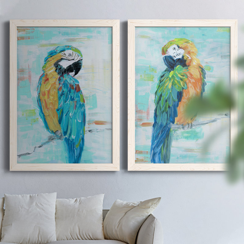 «Island Parrot I», ensemble de 2 peintures sur toile encadrées, H 37,5 po x l 55 po x P 1,5 po, Cadre blanc