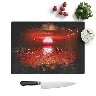 Tempered Glass Red & Orange Sunset Above the Sea Chopping Board
