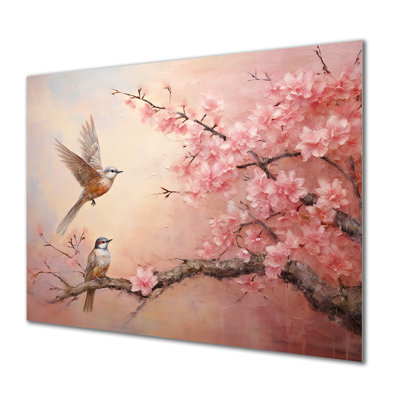 Golden And Pink Birds On Floral Tree II - Bird Metal Wall Art