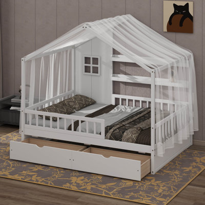 Cadre de lit Montessori House avec toit et rideaux, lit en bois pour enfants avec garde-corps, 2 tiroirs, tablettes