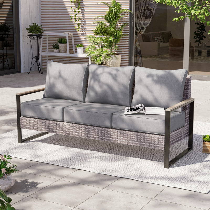 3-Person Outdoor Sofa with Cushions, All-Weather Wicker Frame, Modern Patio Seating Sofa, Gray