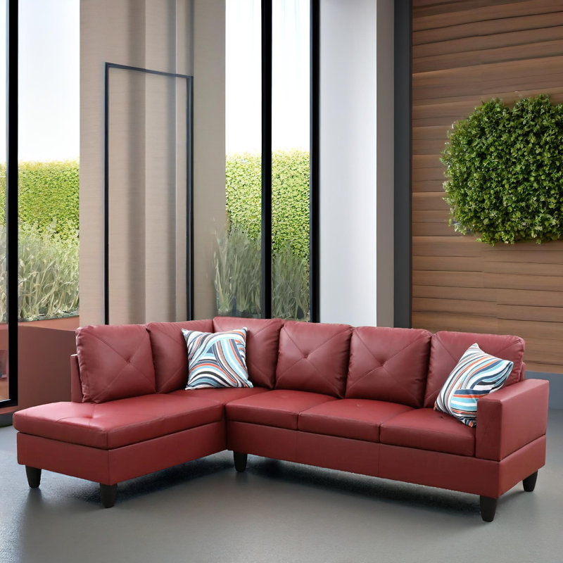 Ensemble de canapé modulaire en cuir 2 pièces avec méridienne Monaco, Orienté à gauche (vu de face), Similicuir rouge