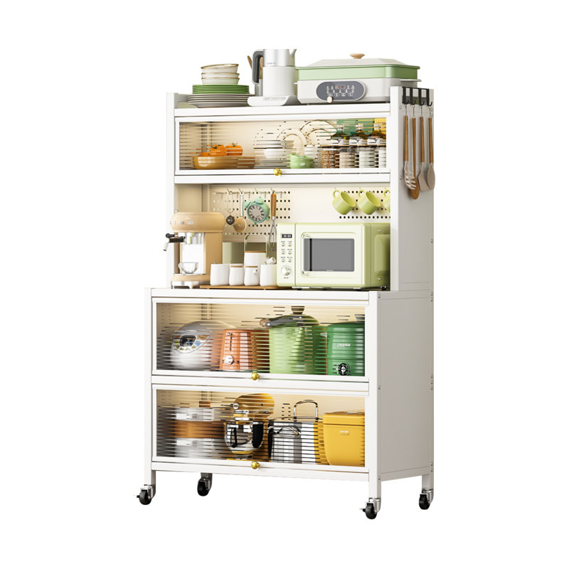 Étagère de boulanger de cuisine de 65 po de hauteur avec armoire à porte rabattable - 5 niveaux multifonctionnel, support pour micro-ondes, station de bar et armoire de rangement pour garde-manger, blanc