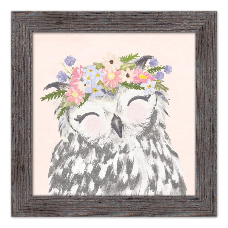 Hibou avec fleurs, reproduction encadrée, gris