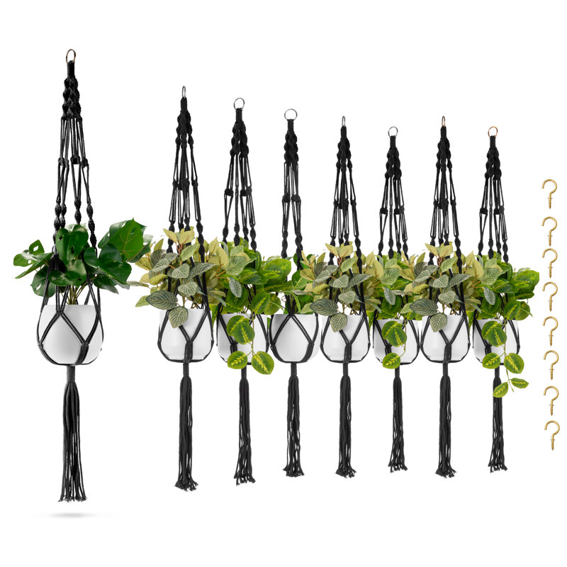 Sorbus Macrame Plant Hanger (8 Pack) Indoor Outdoor Hanging Plant Pots Cotton Rope, Elegant for Home, Patio, Garden, Black