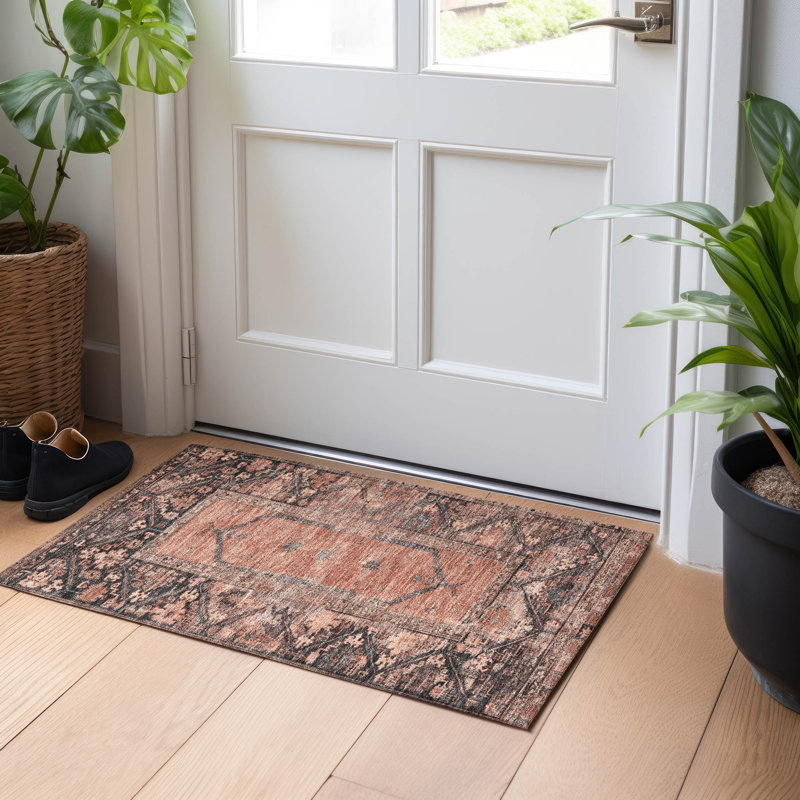 Machine Washable Indoor/Outdoor Xhevrie Terracotta Rug, Rectangle 1'8" x 2'6"