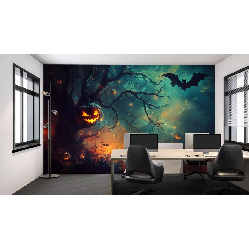 Papier peint d'Halloween - Décoration murale d'Halloween Spooky Jack O’Lantern & Bat - Arbre hanté, L 145 po x l 100 po