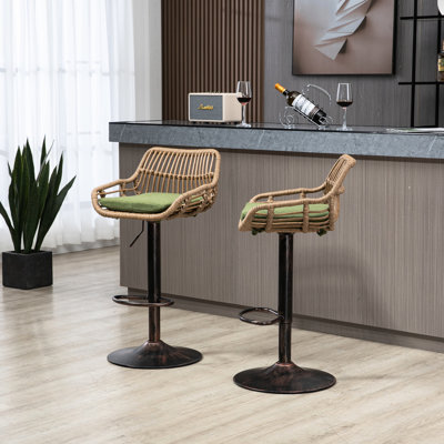 Tabourets de bar réglables de 2, pivotant avec repose-pieds pour la cuisine et la salle à manger, base en métal, coussins en lin rembourrés de 2 chaises modernes, assise en hauteur