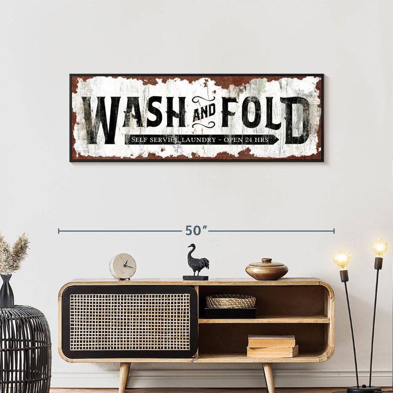 Wash And Fold Old Wall Sign, 46" X 16", Floating Frame Black