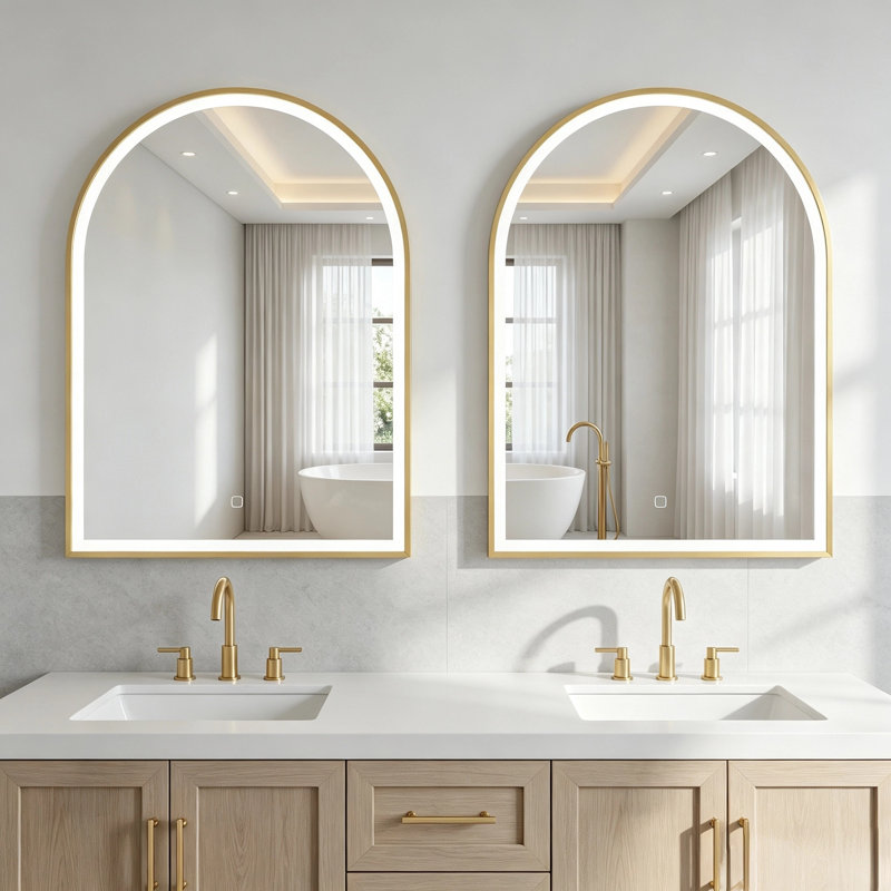 Miroir de salle de bain/coiffeuse arqué en métal avec éclairage DEL, Doré