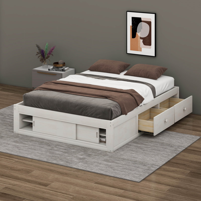 Queen Size Platform Bed Frame With 4 Under-Bed Drawers & Footboard Storage Cubby, Headboard-Free Modern Design, Antique White