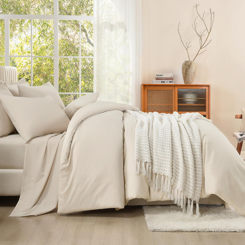 Ensemble de literie 7 pièces pour lit Queen beige - Couette, draps, taies d'oreiller et housses de coussins - Ensemble de literie moelleux et uni
