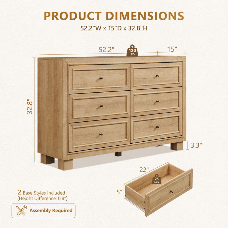 Commode 6 tiroirs 52,2 po, Chêne naturel
